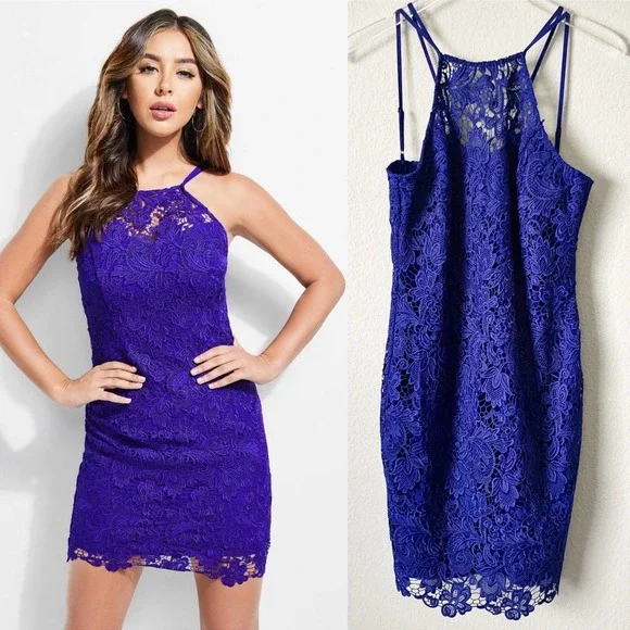 Guess | Dresses | Guess Cobalt Blue Halter Lace Lined Bodycon Dress Size M  | Poshmark